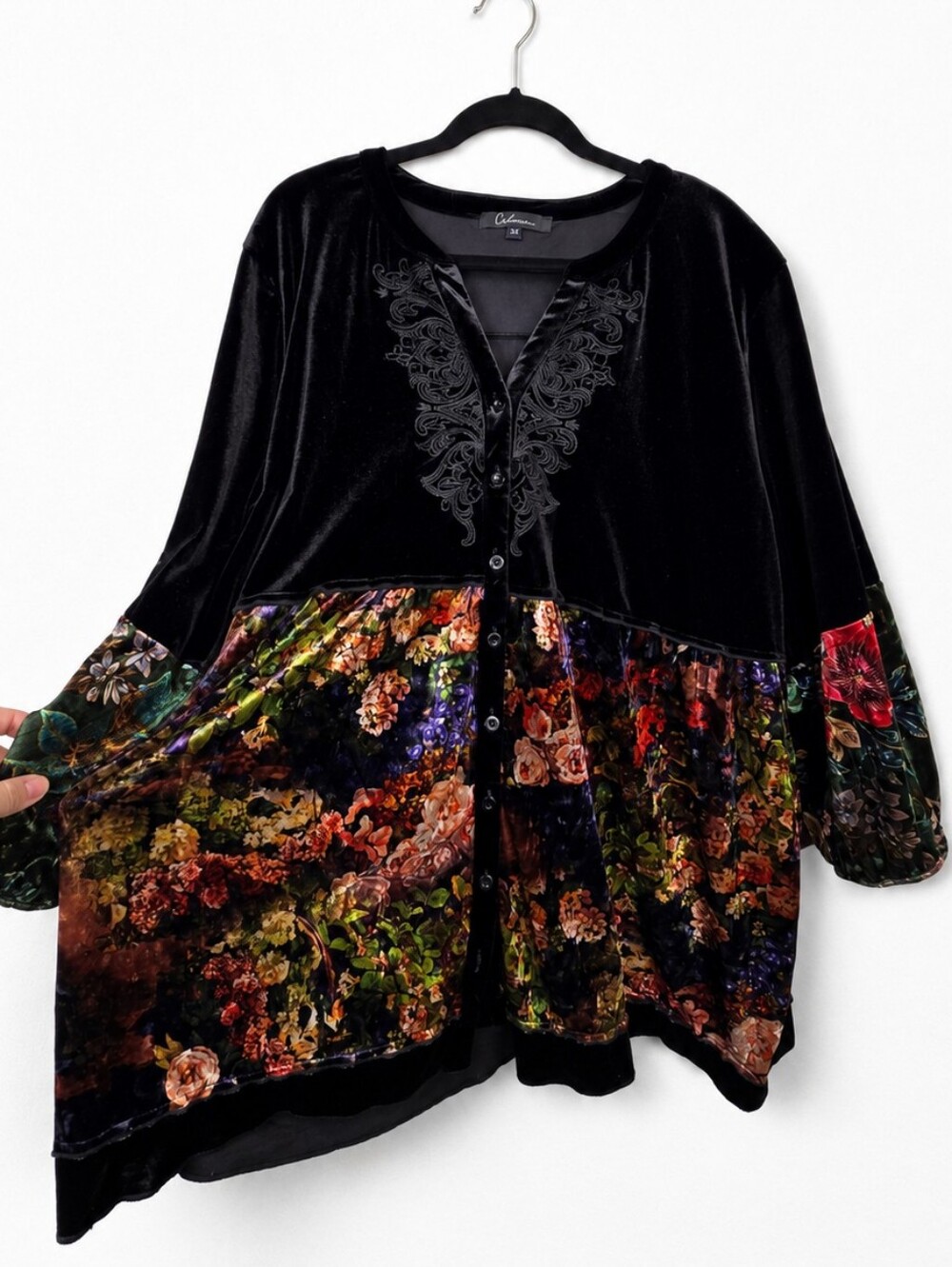 Cabela's 3X Black Velvet Floral Tunic Top Whimsigoth Boho Plus Size